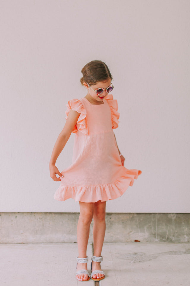 Little Girl’s Pink Peach Double Gauze Cotton Pinafore Dress