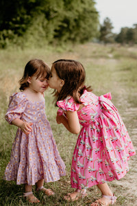 Little Girl's Purple Daisy Print Puff Sleeve Dress