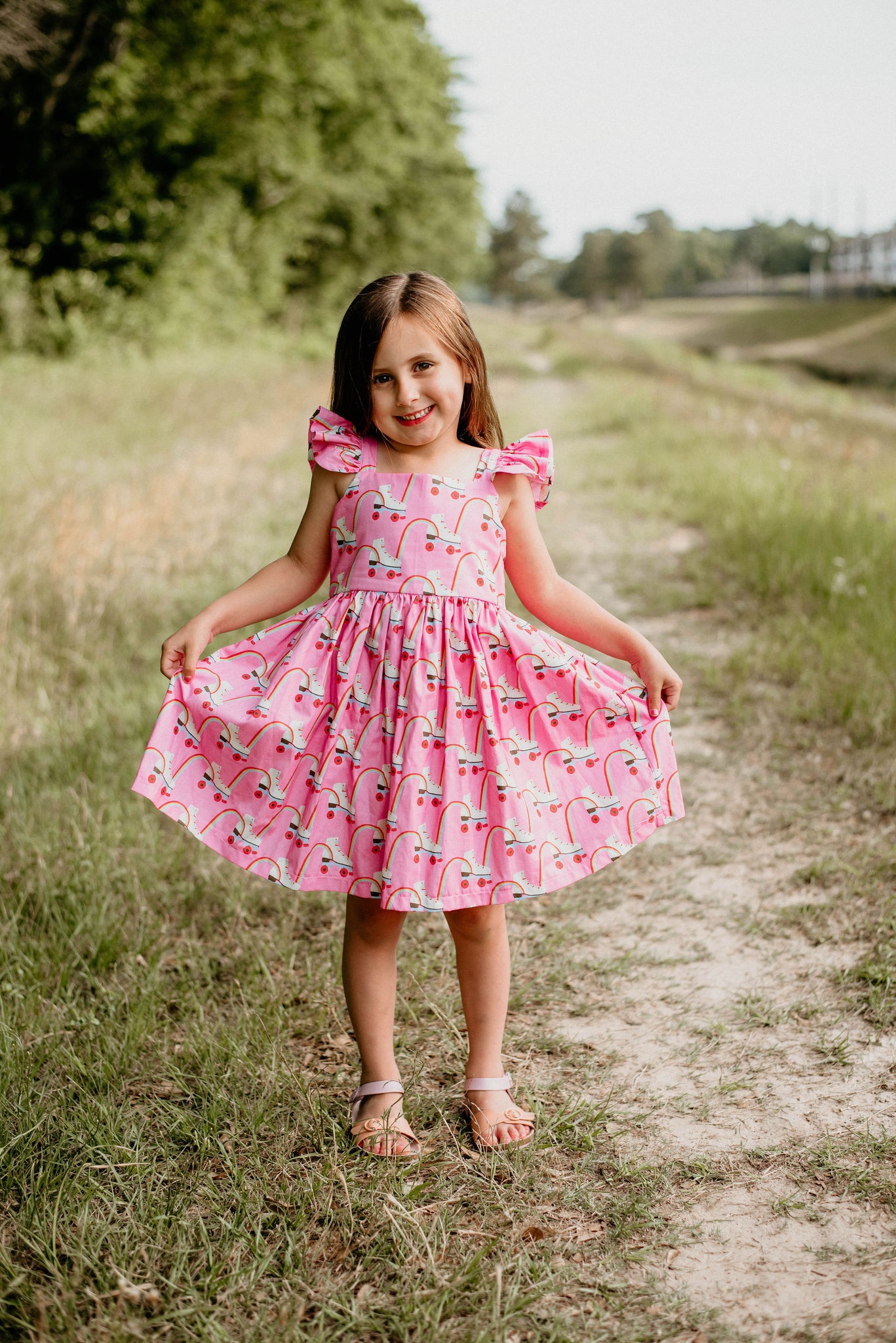 Little Girl s Pink Disco Roller Skate Print Dress cuteheads