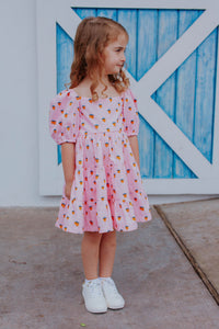 Little Girl's Pink Strawberry Puff Sleeve Twirl Dress