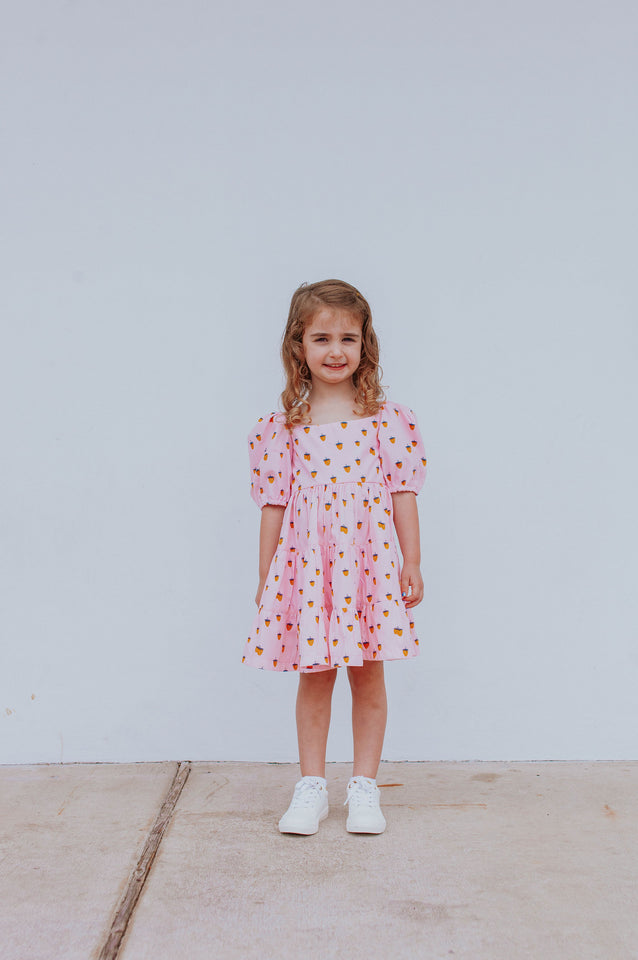 Little Girl's Pink Strawberry Puff Sleeve Twirl Dress
