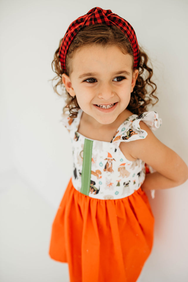 Little Girl's Green & Orange Dog Print Flutter Sleeve Cotton Christmas Dress