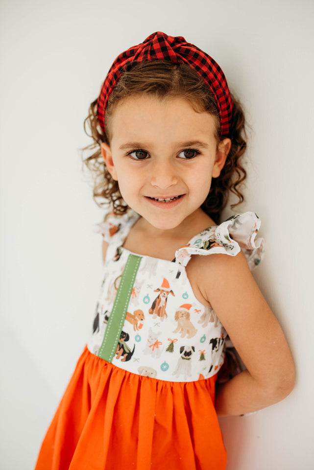 Little Girl's Green & Orange Dog Print Flutter Sleeve Cotton Christmas Dress