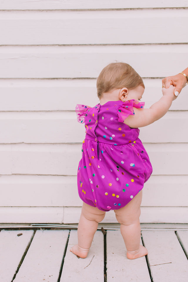 little girls purple tulle bubble romper