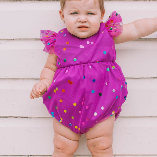 purple confetti tulle bubble romper