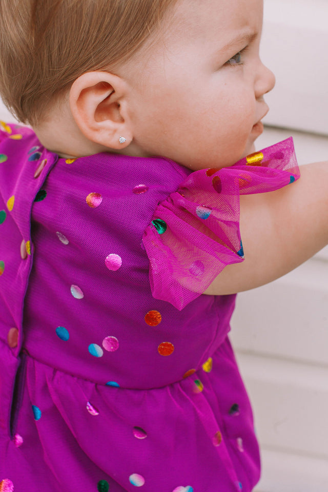 purple confetti tulle bubble romper