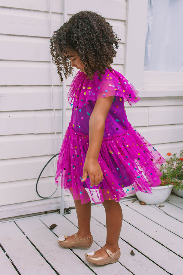 Girl's Purple Confetti Tulle Polka Dot Party Dress