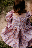 Little Girl's Retro Purple Daisy Print Puff Sleeve Dress