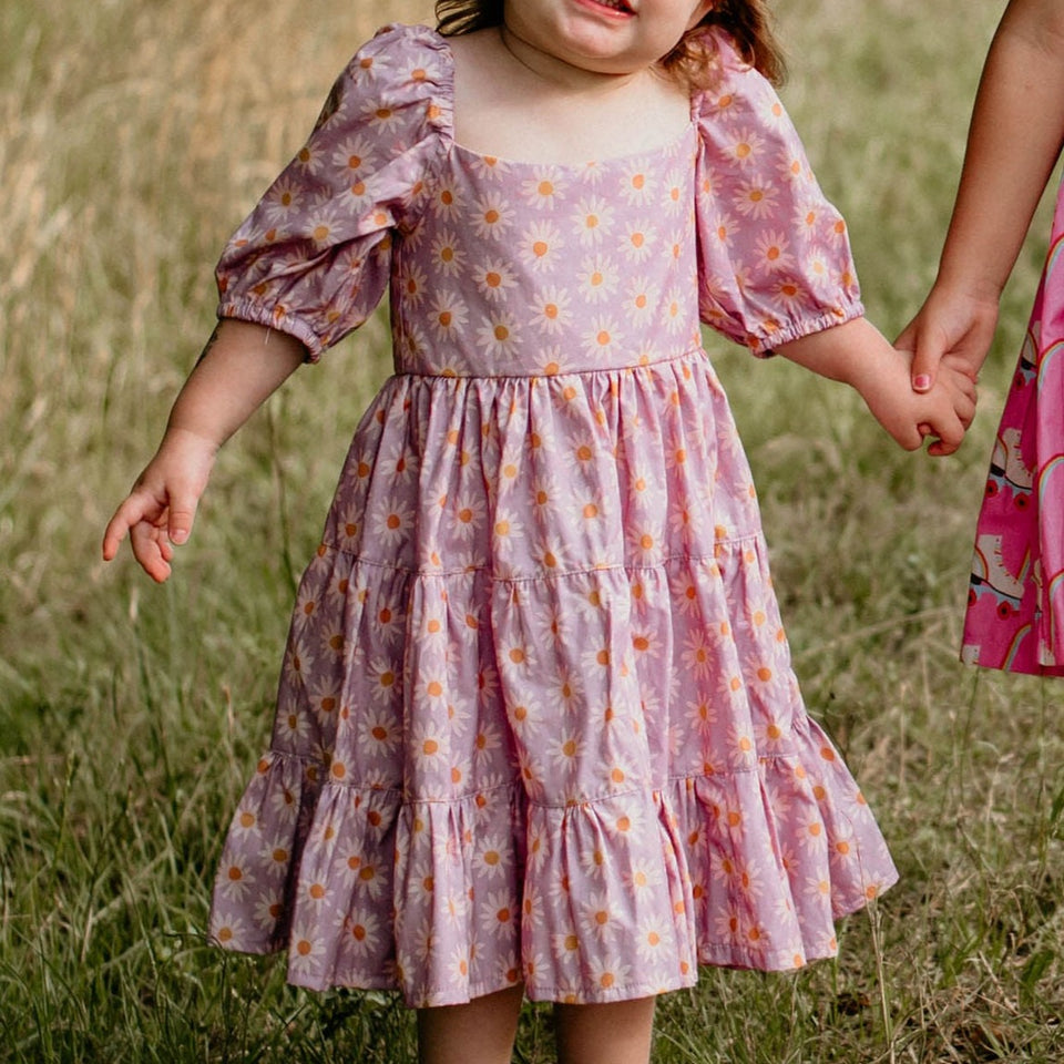 Little Girl's Purple Daisy Print Puff Sleeve Dress – cuteheads