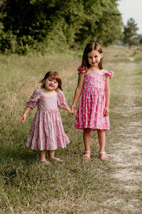 Little Girl's Purple Daisy Print Puff Sleeve Dress