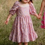 Little Girl's Purple Daisy Print Puff Sleeve Dress