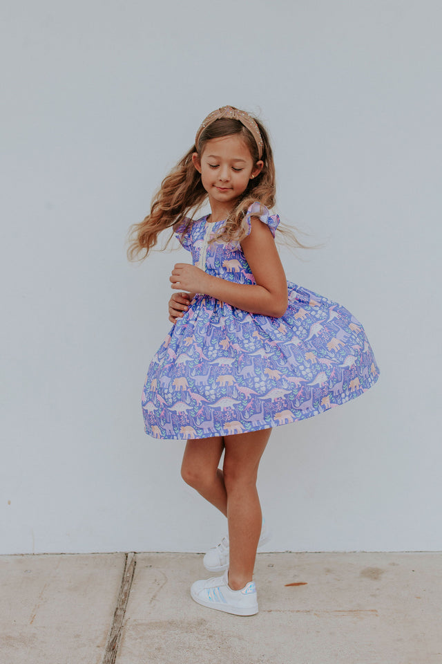 Little Girl's Purple Dinosaur Scoop Back Tulle Twirl Dress