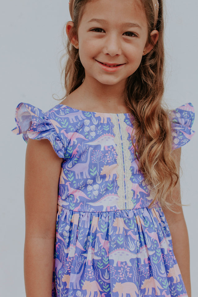 Little Girl's Purple Dinosaur Scoop Back Tulle Twirl Dress