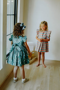 Little Girls Red and Green Striped Christmas Print Dress