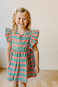 Little Girls Red and Green Striped Christmas Print Dress