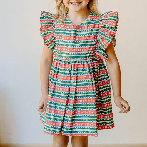 Little Girls Red and Green Striped Christmas Print Dress