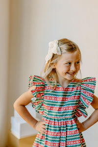 Little Girls Red and Green Striped Christmas Print Dress
