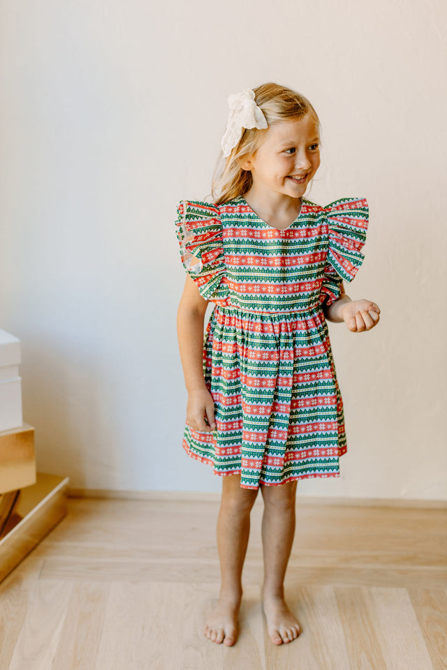 Little Girls Red and Green Striped Christmas Print Dress