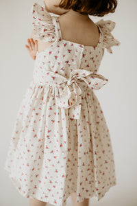 Girl's Red and White Ditsy Floral Print Cotton Flutter Sleeve Dress