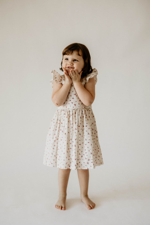 Girl's Red and White Ditsy Floral Print Cotton Flutter Sleeve Dress