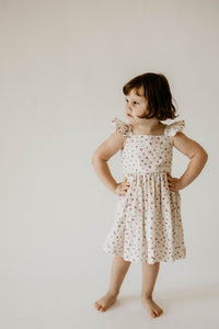 Girl's Red and White Ditsy Floral Print Cotton Flutter Sleeve Dress