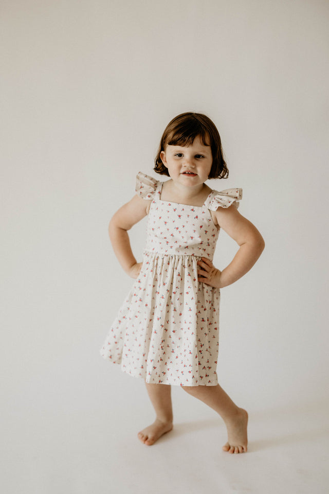 Girl's Red and White Ditsy Floral Print Cotton Flutter Sleeve Dress