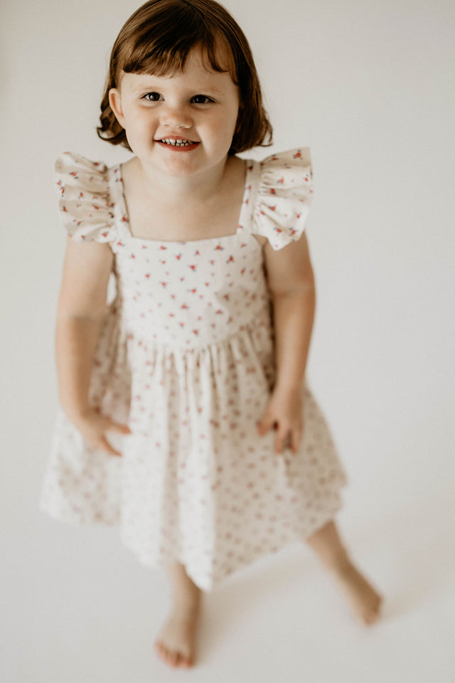 Girl's Red and White Ditsy Floral Print Cotton Flutter Sleeve Dress