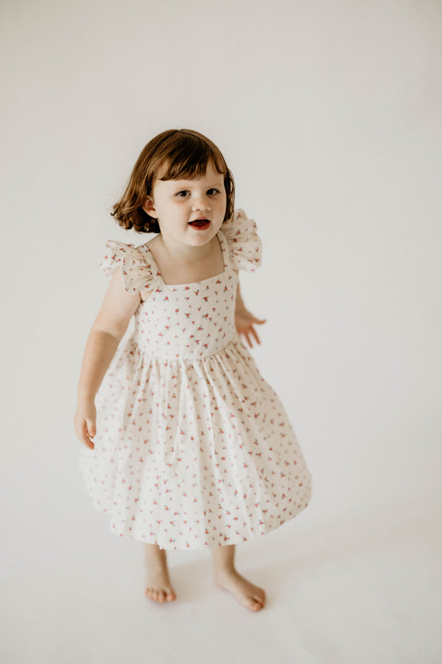 Girl's Red and White Ditsy Floral Print Cotton Flutter Sleeve Dress