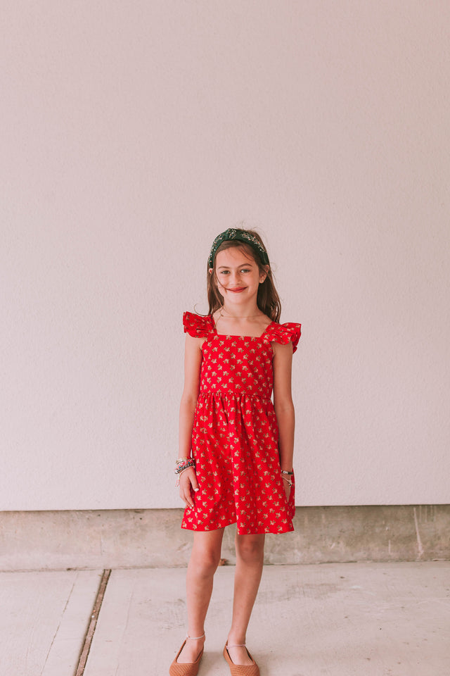 little girls red rose flower print dress