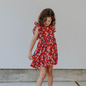 Little Girl's Red Floral Rifle Paper Ruffle Pinafore Dress