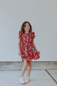 little girls red floral rifle paper ruffle pinafore dress