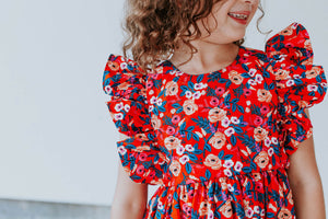 Little Girl's Red Floral Rifle Paper Ruffle Pinafore Dress