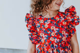 Little Girl's Red Floral Rifle Paper Ruffle Pinafore Dress