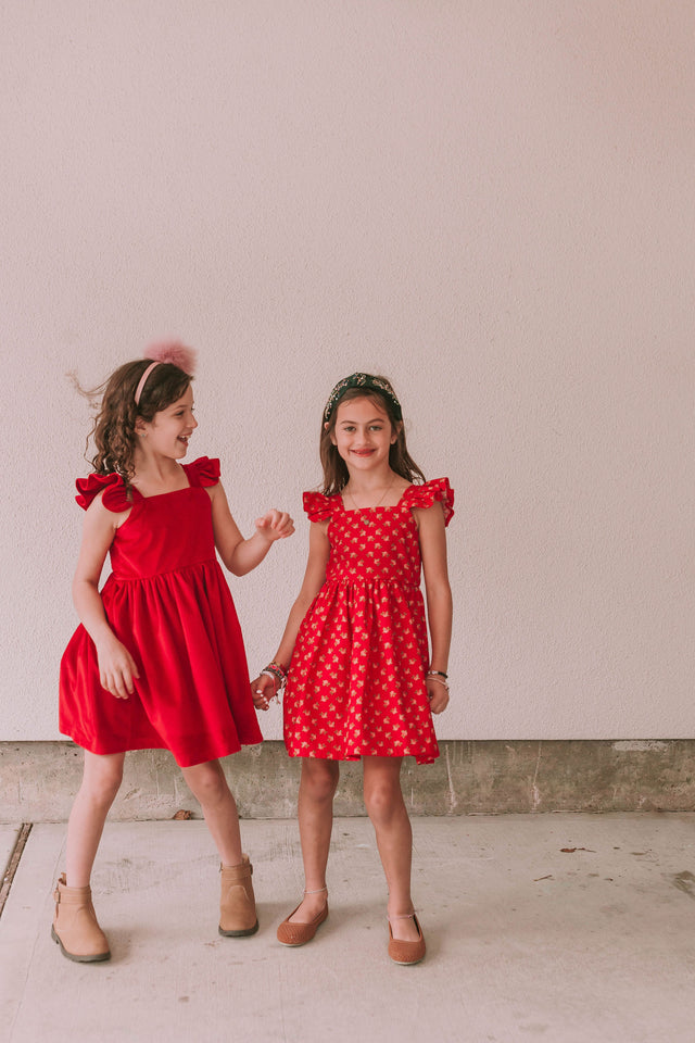 Little Girl's Red Velvet Flutter Sleeve Twirl Dress