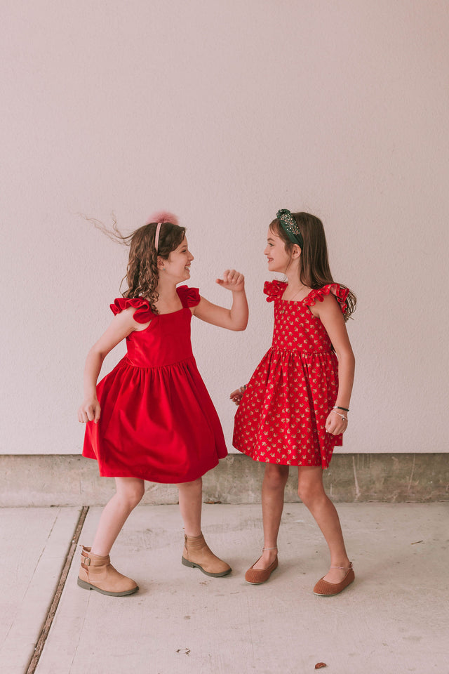 Little Girl's Red Velvet Flutter Sleeve Twirl Dress