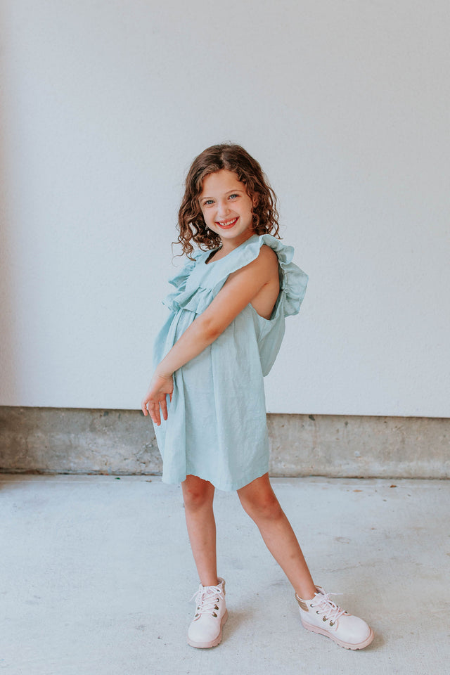 Little Girl's Sage Green Swiss Dot Ruffle Collar Cotton Shift Dress