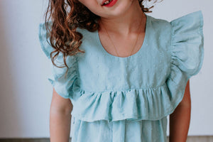 Little Girl's Sage Green Swiss Dot Ruffle Collar Cotton Shift Dress