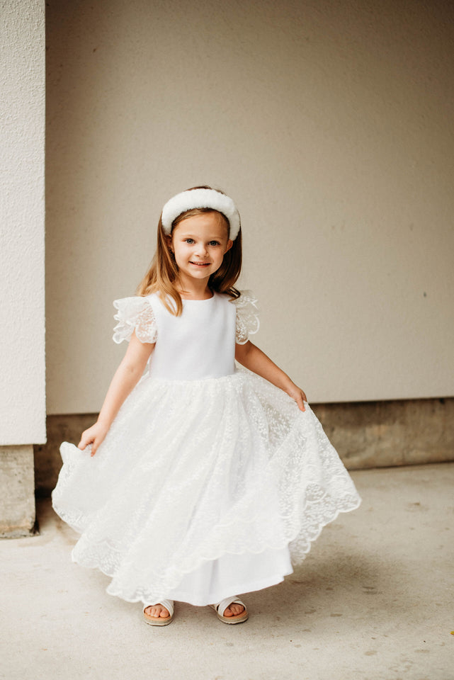 Little Girl's White Scalloped Lace and Satin Flower Girl Dress