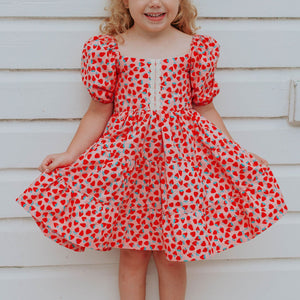 Little Girl s Strawberry Print Puff Sleeve Twirl Dress cuteheads