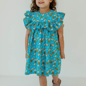 Little Girl's Blue Sufganiyot and Gelt Print Ruffle Collar Hanukkah Dress