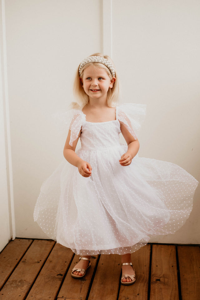 little girls white designer flower girl dress