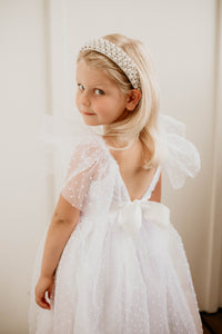 Little Girl's White Swiss Dot Tulle V Back Flower Girl Dress