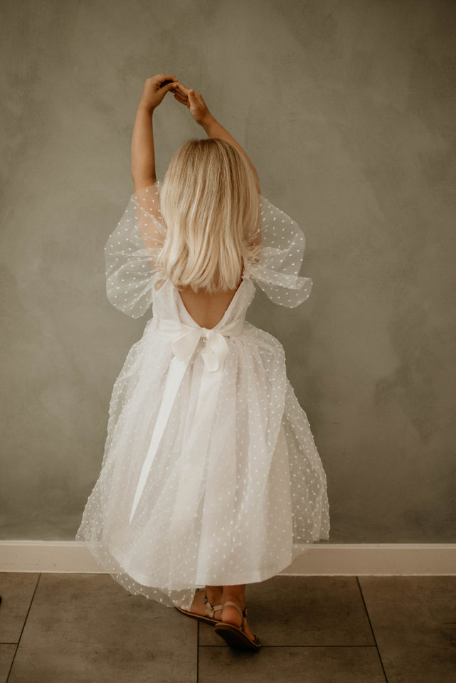Little Girl's White Swiss Dot Tulle V Back Flower Girl Dress