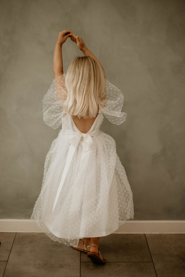 Little Girl's White Swiss Dot Tulle V Back Flower Girl Dress