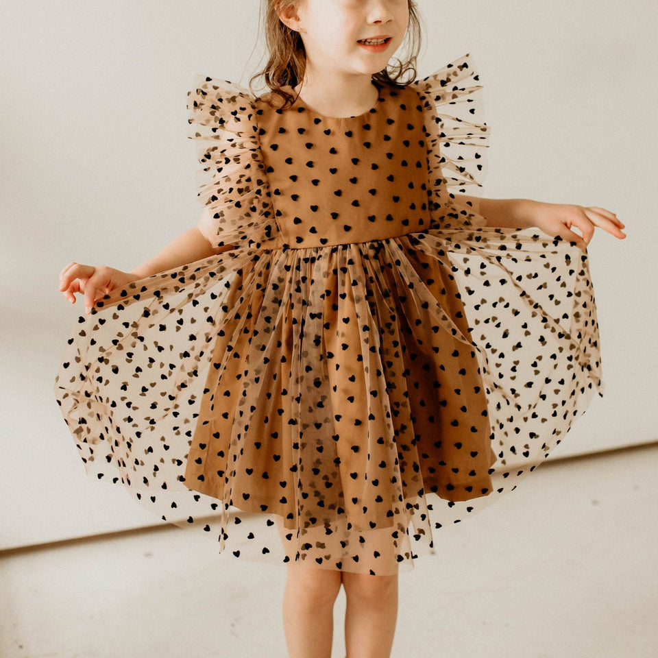 Girl's Black and Brown Tulle Hearts Valentine's Day Twirl Dress
