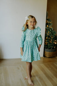 little girls turquoise blue holly print christmas dress