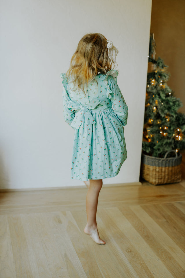 little girls turquoise blue holly print christmas dress