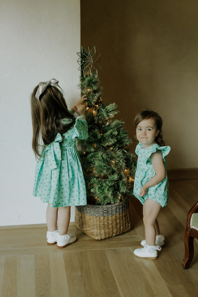 little girls turquoise blue holly print christmas dress
