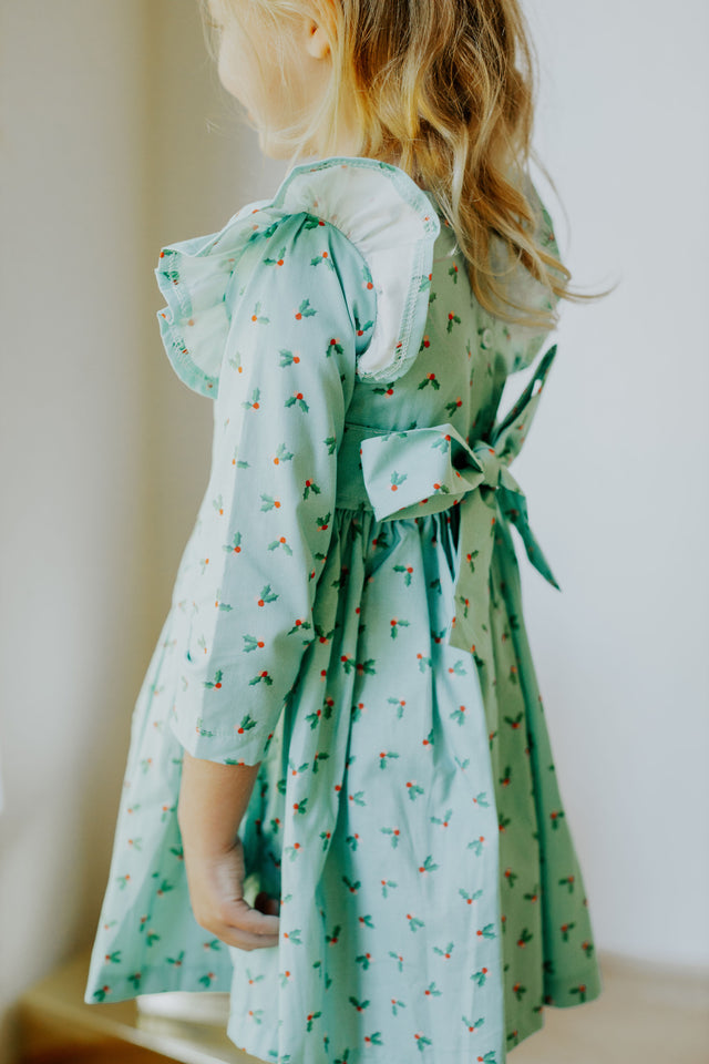 little girls turquoise blue holly print christmas dress