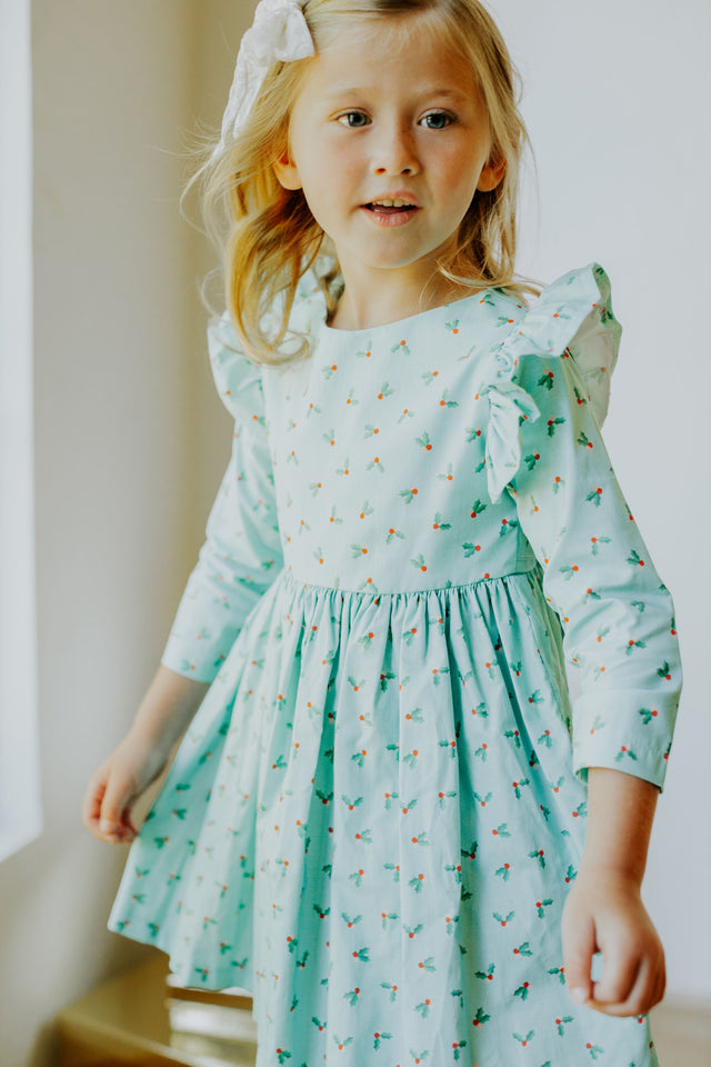 little girls turquoise blue holly print christmas dress